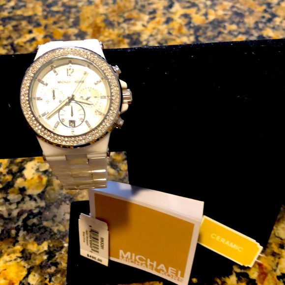 MICHAEL Michael Kors Accessories - Michael Kors white ceramic watch like with silver tone & clear crystal detailing